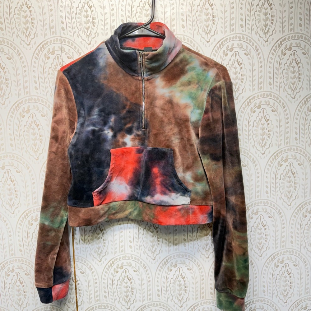Akira Sweatshirt Womens Small Brown Tie Dye Quarter Zip Cropped Velour Pullover